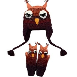 Andes Kids Animal Hat Lady Owl Knit Hat and Mittens Set